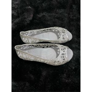 CROCS Isabella Glitter Peep Toe Jelly Slip Shoes Sandals Flats Silver Sz 5